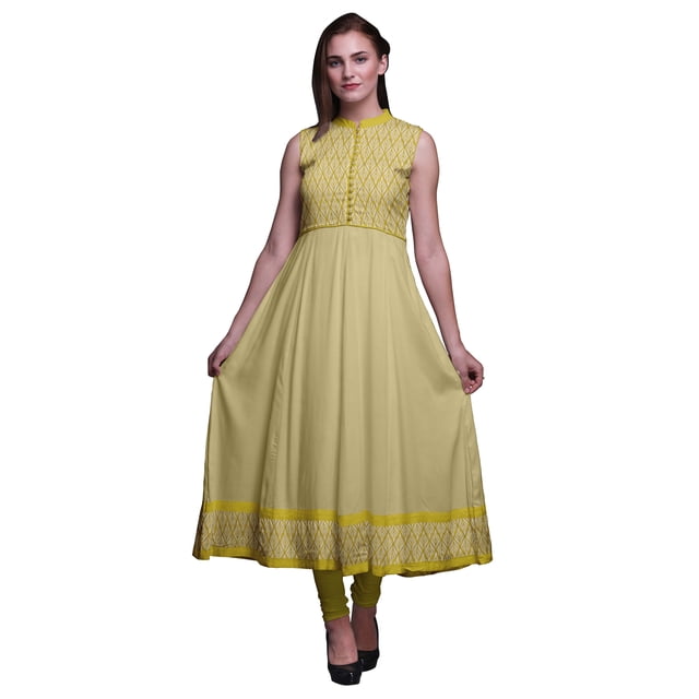 Bimba Robe Anarkali à Feuilles de Verge d'Or, Col Mandarin, Sans Manches, Kurtis pour Femmes, Robe Maxi à Imprimé, X-Grand