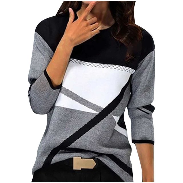 Blouse à Manches Longues pour Femmes Mode Décontractée Col Rond Couture Contraste Couleur T-Shirt Blouse à Manches Longues Blouse