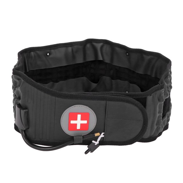 Back Decompression Belt, 360 Degree Surround Fit Relieves Stress Lumbar Decompression Belt Inflatable Lumbar Support in black. Made of knitted fabric, this lumbar traction belt measures approximately 115x15.5cm when unfolded and expands further when inflated. Features a clinical-grade traction system to relax muscles and relieve lower back stress. Suitable for fitness recovery or Pilates routines. Includes an inflator and instruction manual.