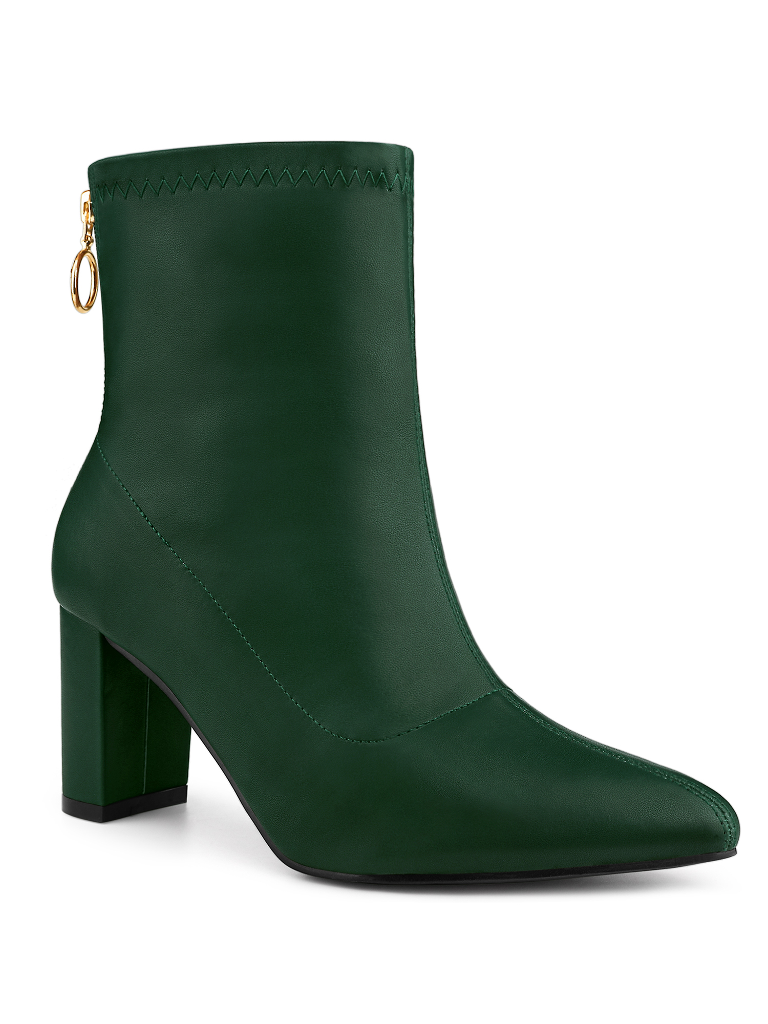 Unique Bargains Women's Pointy Toe Back Zip Block Heel Ankle Boots Green (Size 6)