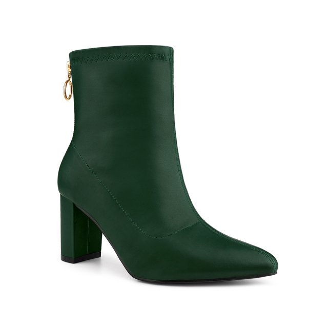 Unique Bargains Women's Pointy Toe Back Zip Block Heel Ankle Boots Green (Size 6)
