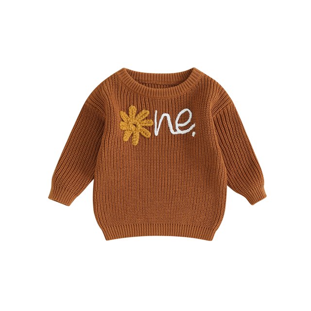 Faithtur Girl Baby Autumn Sweater, Flower Letter Pattern Long Sleeve Round Neck Knitwear Pullover