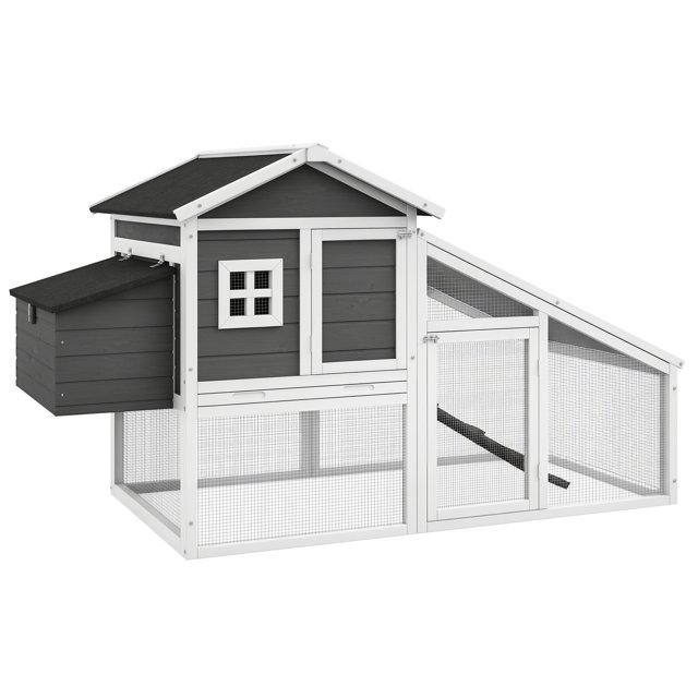 PawHut 69" Chicken Coop Wooden Hen House with Run, Nesting Box, Tray, Grey. A durable grey and white fir wood chicken coop designed for farm animals, featuring an elevated house with a hinged nesting box, large outdoor run, non-slip ramp, and steel wire for predator protection. Includes a removable tray for easy cleaning, an observation window for ventilation, and ample space for chickens or other small livestock.