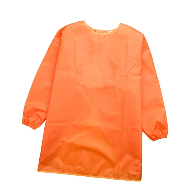 Kids Smock Painting Drawing Bib Waterproof Apron in orange, size S, suitable for children 90-100cm tall. Made from lightweight, waterproof polyester taffeta fabric with a breathable TPU waterproof layer. Designed for arts and crafts activities like painting and playing with water or sand. Features long sleeves for added coverage and protection.