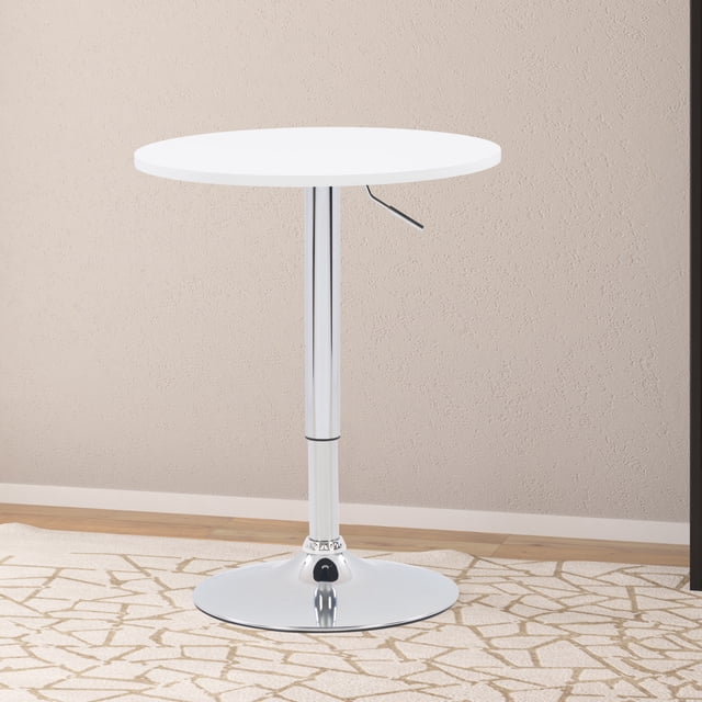 CorLiving Maya Round Adjustable Height Indoor Bar Table with Swivel and Metal Pedestal Base, Chrome/White