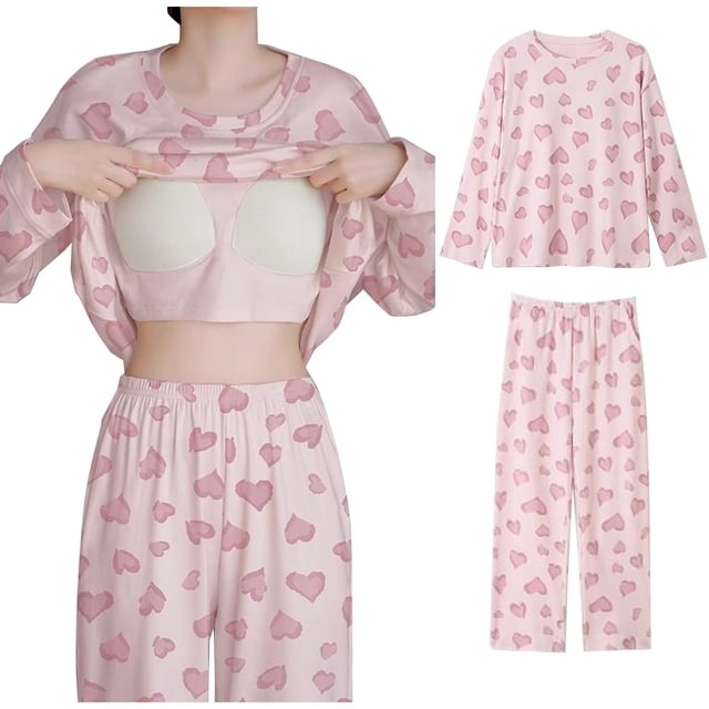 cfhntfmh Ensembles de Pyjamas pour Femmes avec Soutien-Gorge Intégré Décontractés à Manches Longues Col Ras du Cou Chemises de Nuit avec Pantalon Long Doux Ensemble de Vêtements de Nuit