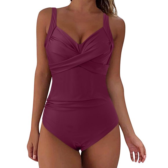 Gubotare Womens One Piece Bikinis Swimsuit Cross Back Cute Ruffle Bownot Swimsuit Bathing Suit Swimwear,Wine M