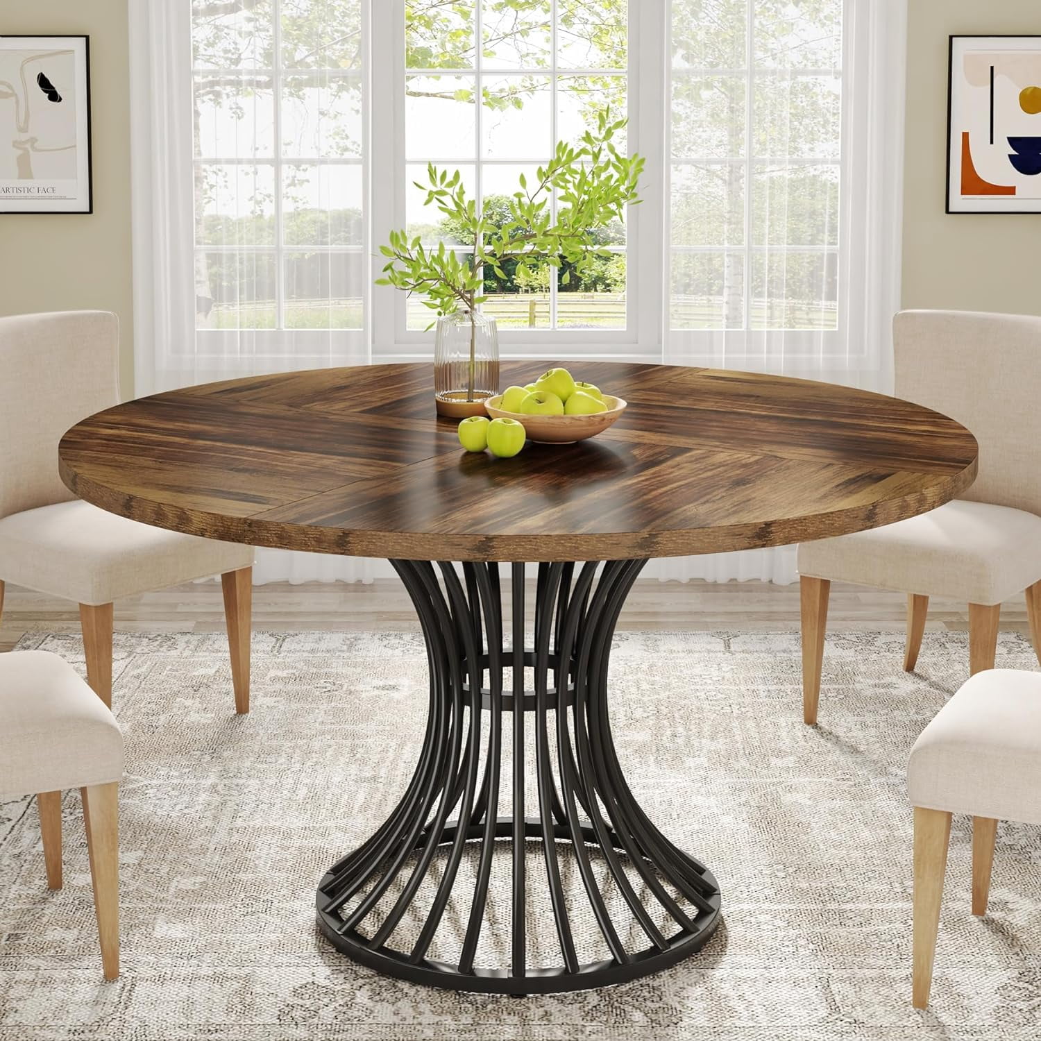 Tribesigns Round Dining Table for 4-6 People, 47-Inch Farmhouse Dinning Room Table Circle Kitchen Table, Industrial Dinner Table with Metal Base for Kitchen, Living Room, Rustic Brown