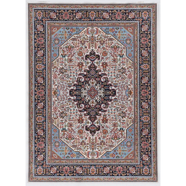 Emerald Grenier Grey & Teal 5' x 7' area rug with low pile and a detailed traditional pattern featuring a central dark medallion surrounded by floral and geometric motifs in grey, teal, rust, and cream, bordered by multiple decorative bands, ideal for small rooms or defining spaces.