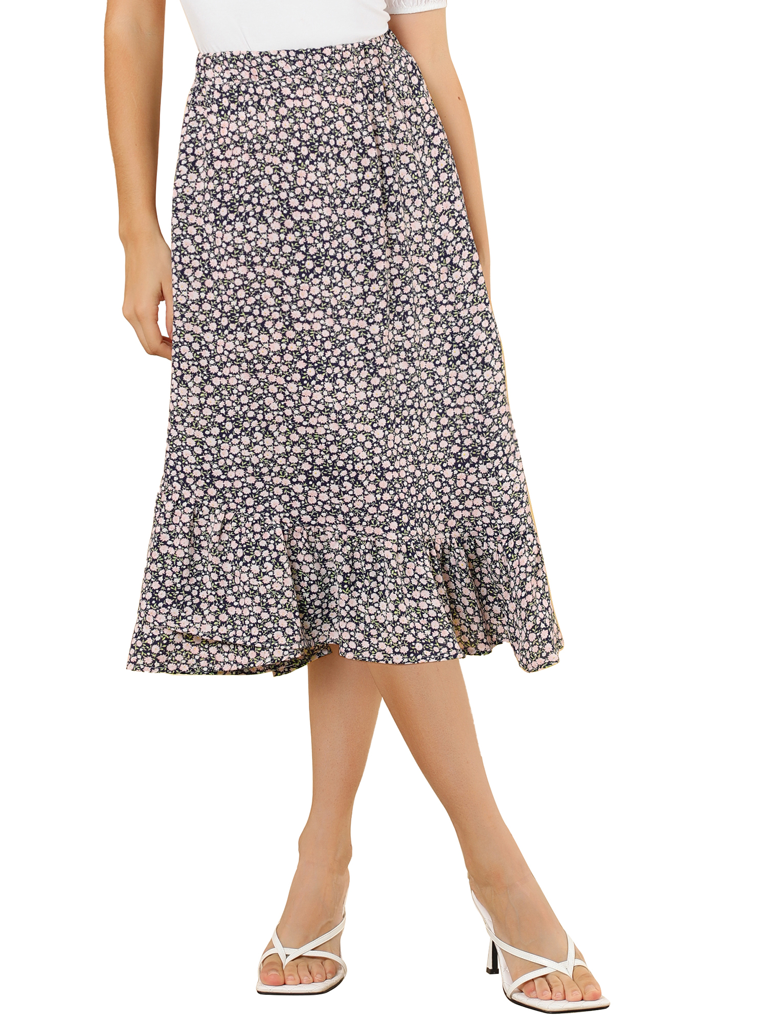 Unique Bargains Women's Floral Elastic Waist Ruffle High Low Hem Skirts