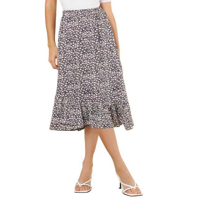 Unique Bargains Women's Floral Elastic Waist Ruffle High Low Hem Skirts