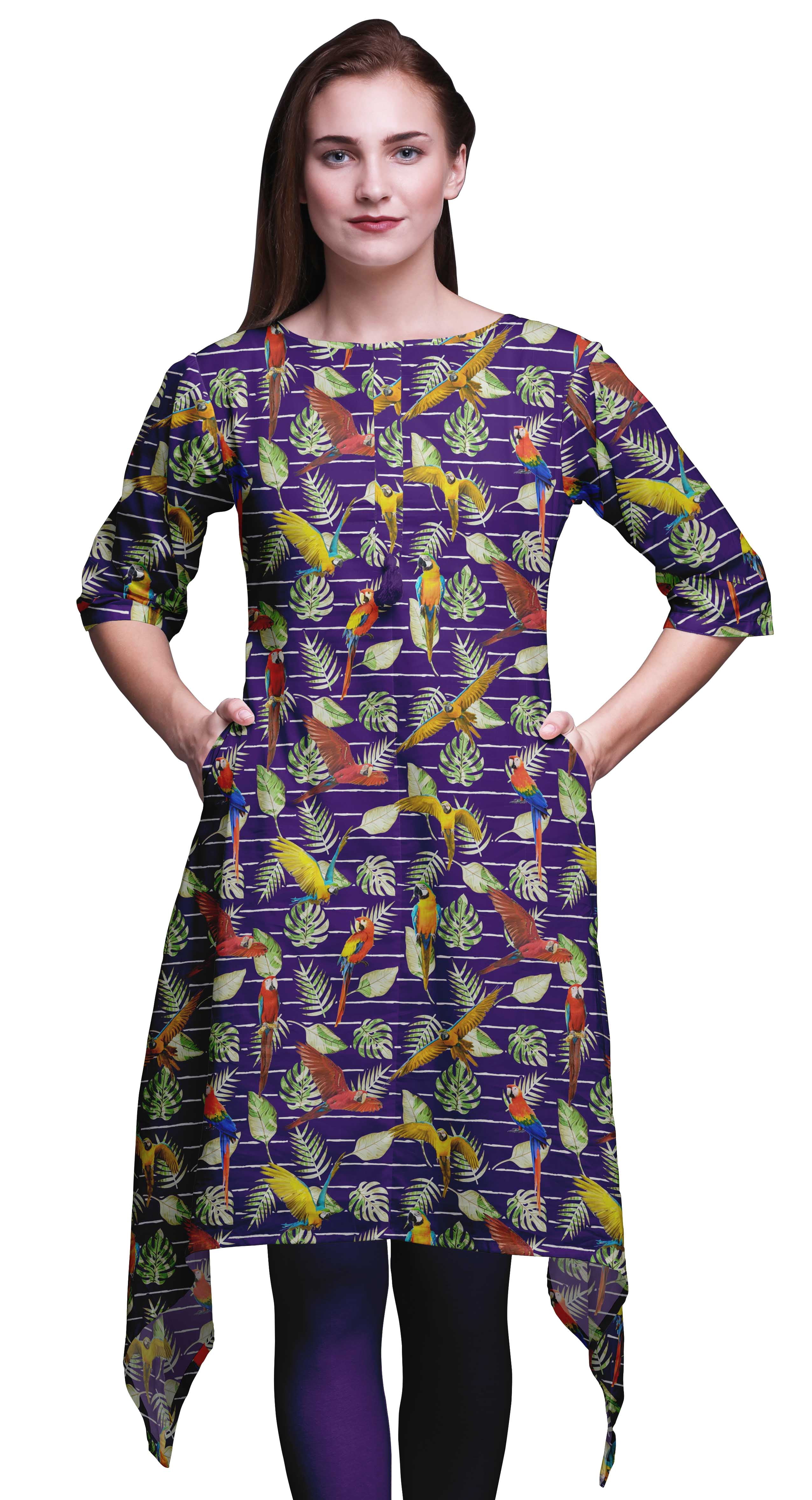 Bimba Kurti Asymétrique Imprimé Feuilles Tropicales Violettes et Oiseaux pour Femmes Robe d'Été Indienne Tunique XSmall