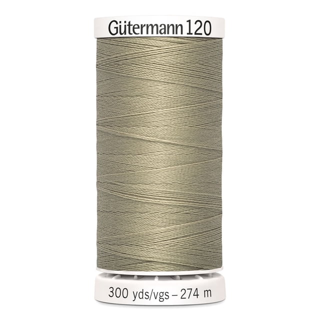 Gutermann 120 100% polyester all purpose sewing thread spool in beige, tightly wound with 300 yards (274 meters) length, ideal for machine and hand sewing on cotton, synthetics, and wool fabrics, also suitable for craft and mending projects.