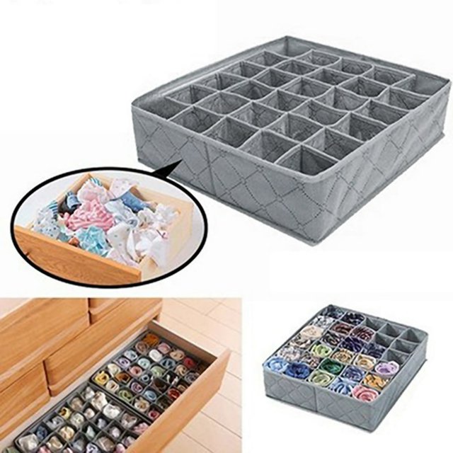 Underwear Organizer Space-saving Breathable Exquisite Non-woven Fabric Drawer Underwear Organizer with 30 cells. The grey organizer features a quilted non-woven fabric design and is shown in a drawer storing socks, ties, and underwear neatly arranged by color and style.