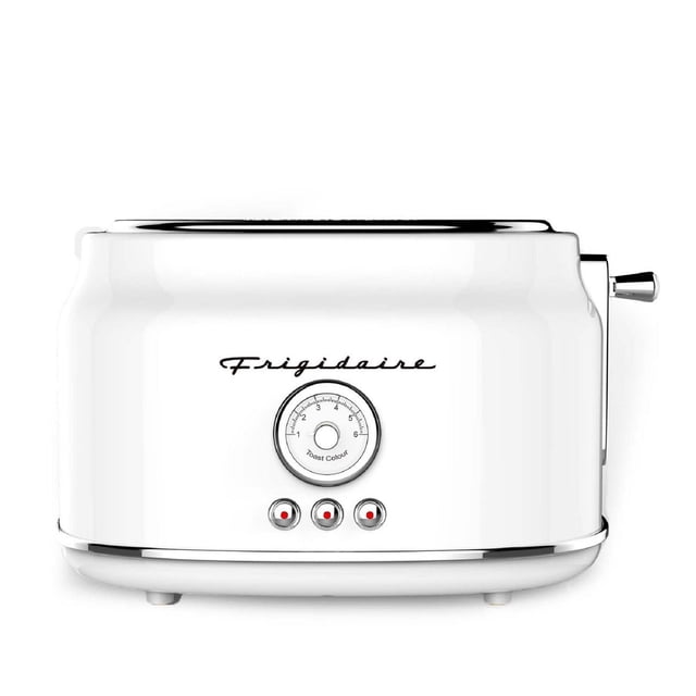 Frigidaire Grille-pain Rétro à 2 Tranches en Blanc avec design Arrondi Rétro Orienté vers l'Avant, Cadran central pour le Réglage de la Couleur du Pain Grillé, Trois Boutons chrome avec Indicateurs Rouges, et un Levier chrome sur le Côté Droit, avec Plateau à Miettes et Rangement du Cordon pour Petits Appareils de Cuisine.