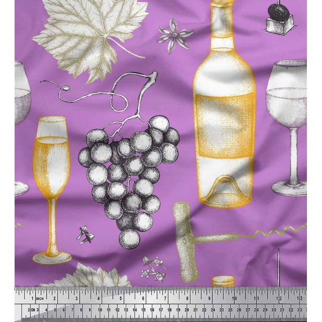 Soimoi Poly Georgette Fabric Grapes,Wine Glass & Bottle Print Sewing Fabric Yard 52 Inch Wide