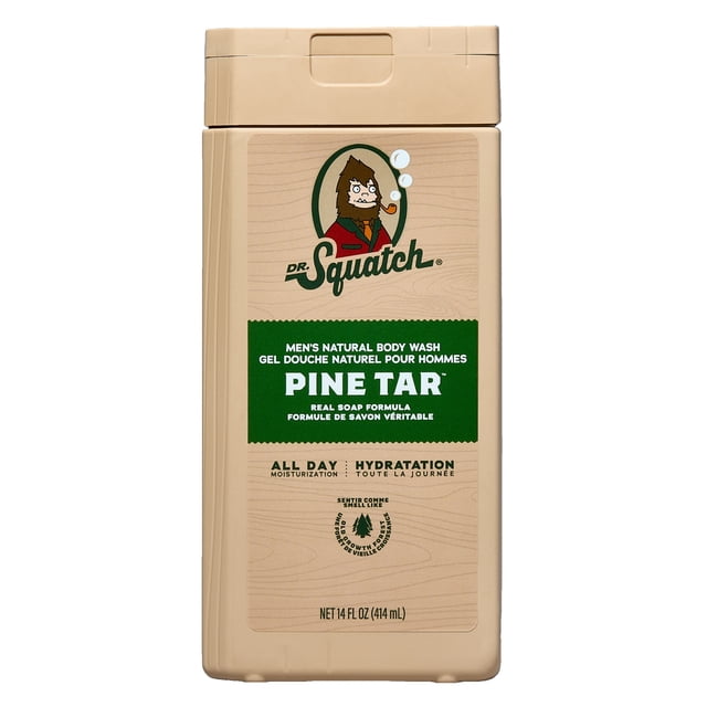 DR. SQUATCH Men's Natural Non-Exfoliating Body Wash Pine Tar in a beige rectangular bottle with flip-top cap, featuring a green label with the Dr. Squatch logo, highlighting its real soap formula, natural hydration for men's skin, and 14 fl oz (414 ml) volume.