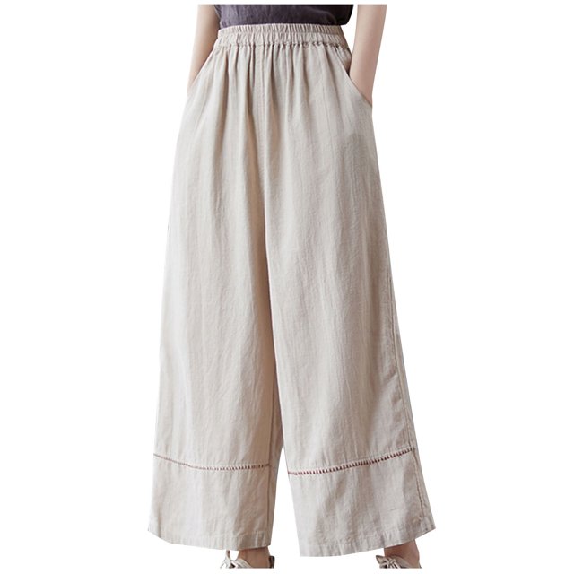 Birdeem Womens Spring Solid Color Elastic Waist Cotton Linen Versatile Straight Tube Casual Wide Leg Pants