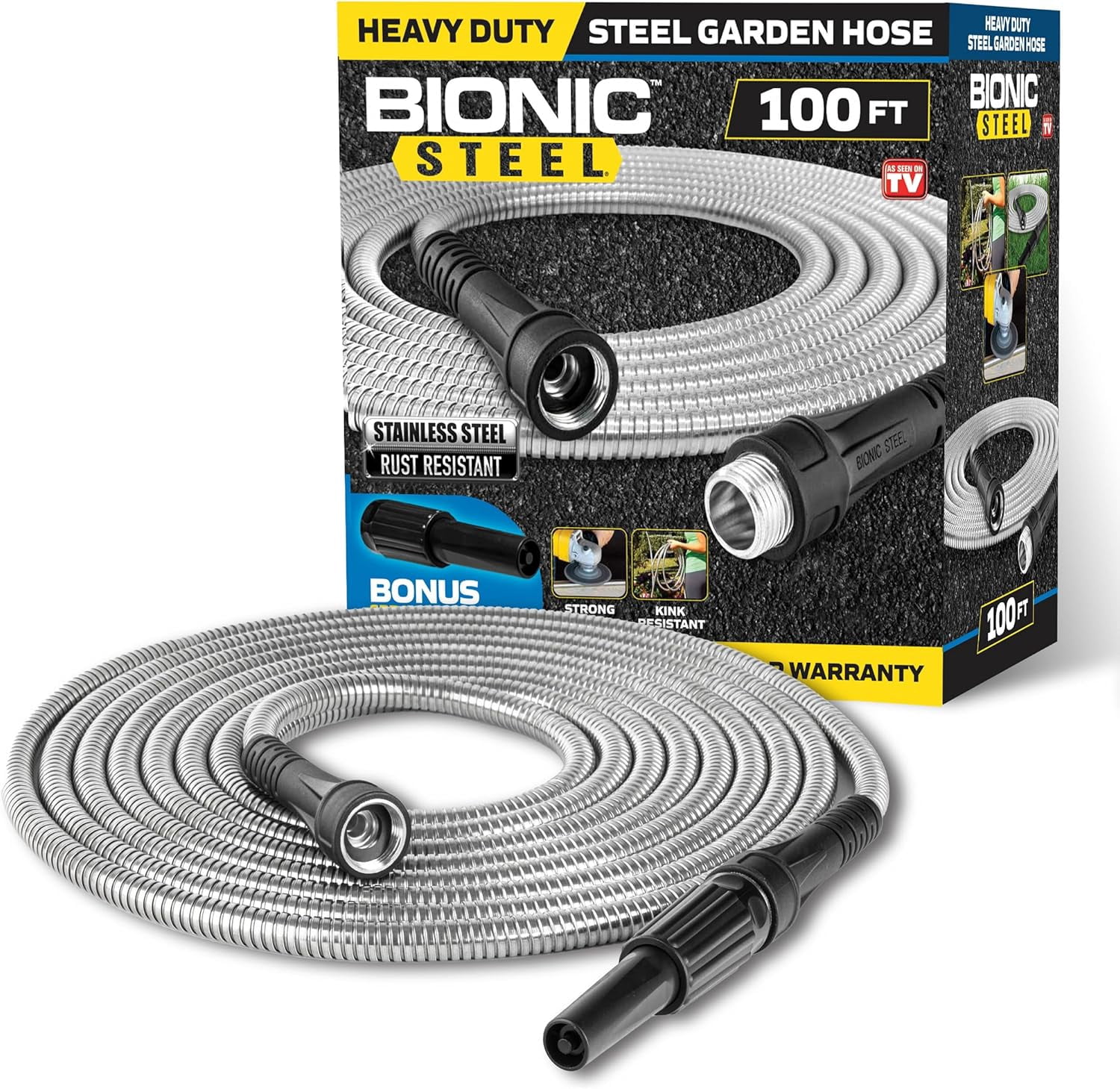 Bionic Steel Garden Hose 100 ft x 5/8 inch 500 PSI Water Hose For Outside Heavy Duty Stainless Steel with Spray Nozzle Kink-Free