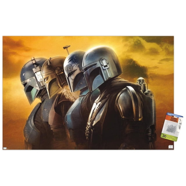 Star Wars : The Mandalorian Saison 3 - Affiche Murale de Casques, 22,375 Pouces x 34 Pouces Montrant Quatre Casques Mandalorian de Profil Latéral sur un Fond Texturé Orange-Jaune, Imprimée sur Papier Lustré pour une Oeuvre Murale Vibrante. Convient à la Décoration de Chambre, Bureau Ou Dortoir et Facile à Accrocher avec Supports Adhésifs Inclus.