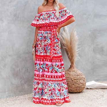 EGNMCR Robes d'Été Femmes Tendance 2024 Bandeau Sans Bretelles Élasticité pour Femmes Été Imprimé Hauts Tube Décontractés Épaules Dénudées Robe de Vacances Robe de Plage