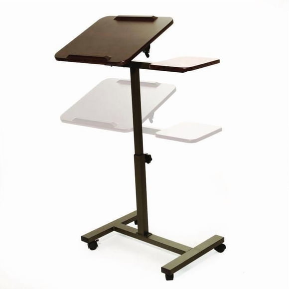 TILTING SIT-STAND COMPUTER DESK CART WITH MOUSE PAD TABLE, HEIGHT-ADJUSTABLE FROM 27.5" TO 40" H, WALNUT