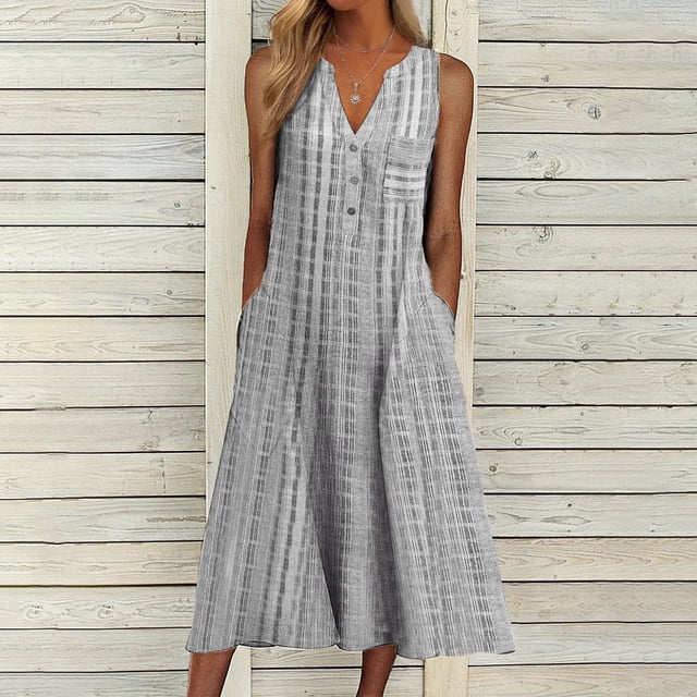 Jienlioq Robe Femme Grande Taille Liquidation Mode Décontractée Sans Manches Col en V Bouton Rayé Imprimé Poche Robe Maxi