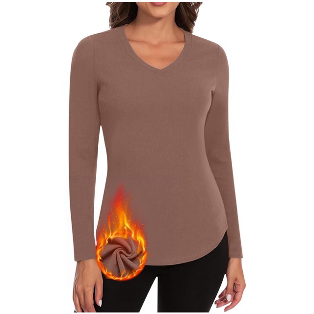 Timegard Womens Tops Fleece Lined Comfy Skinny Tops V Neck Thermal Underwear Fall Winter Solid Color