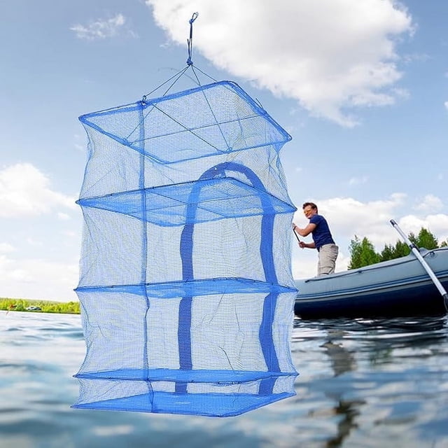 Filet de Séchage Pliable en PE pour Poissons/herbes, Cage Anti-Mouches à 4 Niveaux avec Cadre en Acier, Capacité de 17,6lb Déshydrateur Alimentaire Extérieur pour Jardins