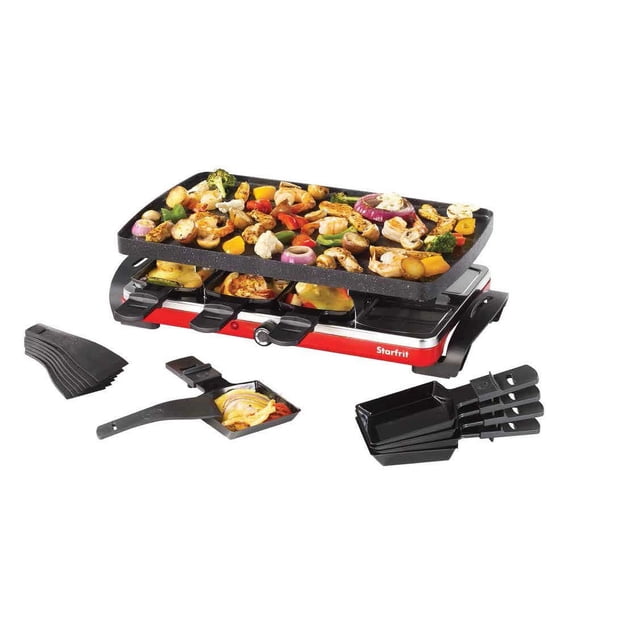 Starfrit The Rock Raclette reversible electric grill with a 16 x 9.5 inch non-stick Rock.Tec cast aluminum cooking surface topped with grilled shrimp, mushrooms, peppers, onions, and broccoli, featuring a red base with adjustable temperature control, eight individual black trays with handles, and black scrapers, shown from a 3/4 front angle on a white background, ideal for entertaining family and friends.