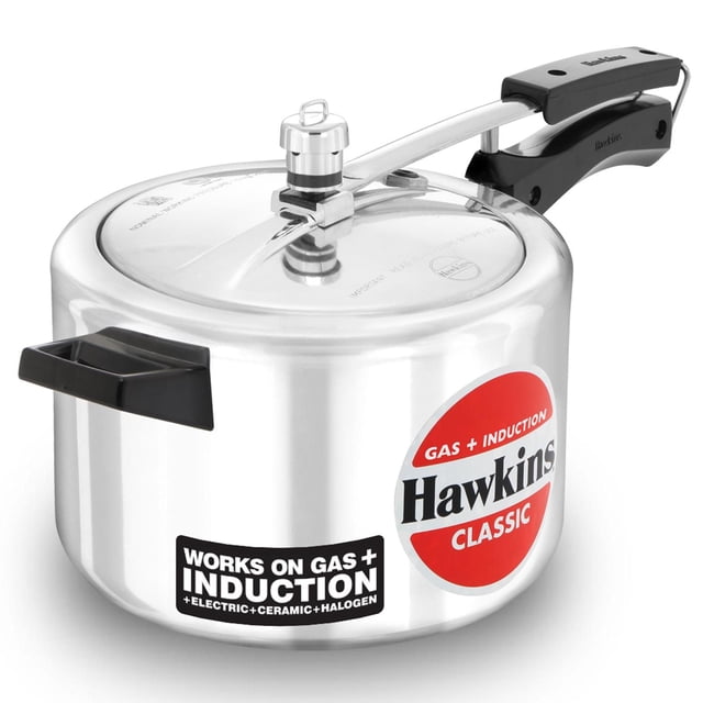 Hawkins Classic 5.0L Induction Cooker pressure cooker with polished stainless steel body and 4.06 mm thick base for even heat distribution. Features black heat-resistant handle and lid knob, compatible with gas, electric, ceramic, halogen, and induction stovetops for energy-efficient cooking.