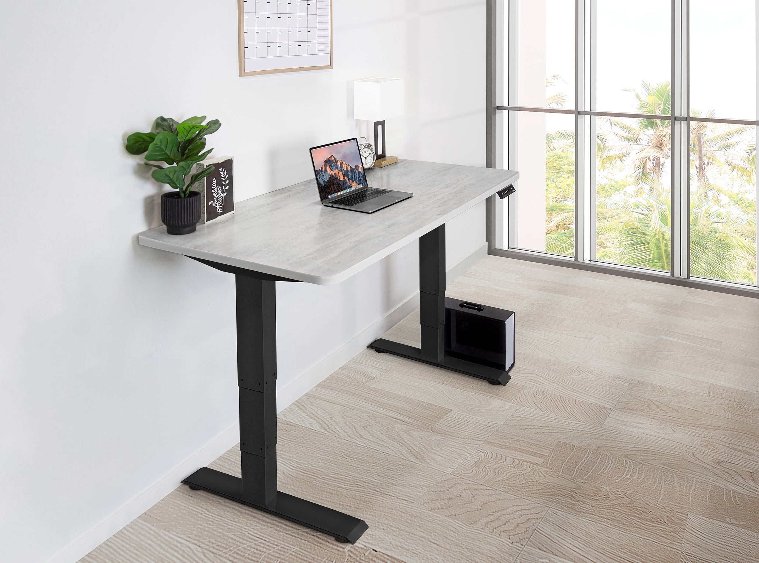 EFFYDESK Business Height Adjustable Home Office Computer Standing Desk with Cable Management Tray (47"×29") Oak White on Black Frame