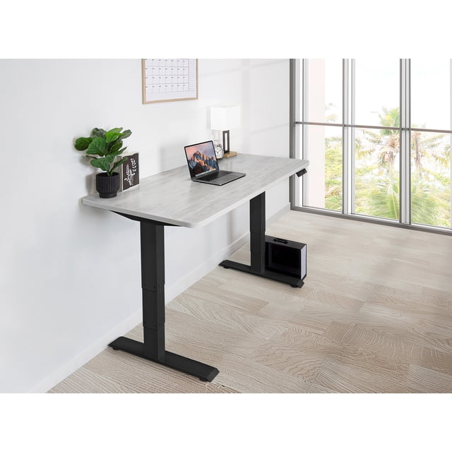 EFFYDESK Business Height Adjustable Home Office Computer Standing Desk with Cable Management Tray (59"×29") Oak White on Black Frame
