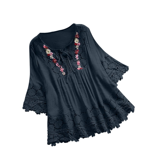 AherBiu Hauts d'Été pour Femmes Décontractés Manches 3/4 Coton Lin Blouses Amples Dentelle Ajourée Boho Fluides