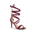 thumbnail image 1 of BLISSFUL STEP Women's Open Toe Stiletto Heeled Lace up Solid Sandals Burgundy 10, 1 of 7