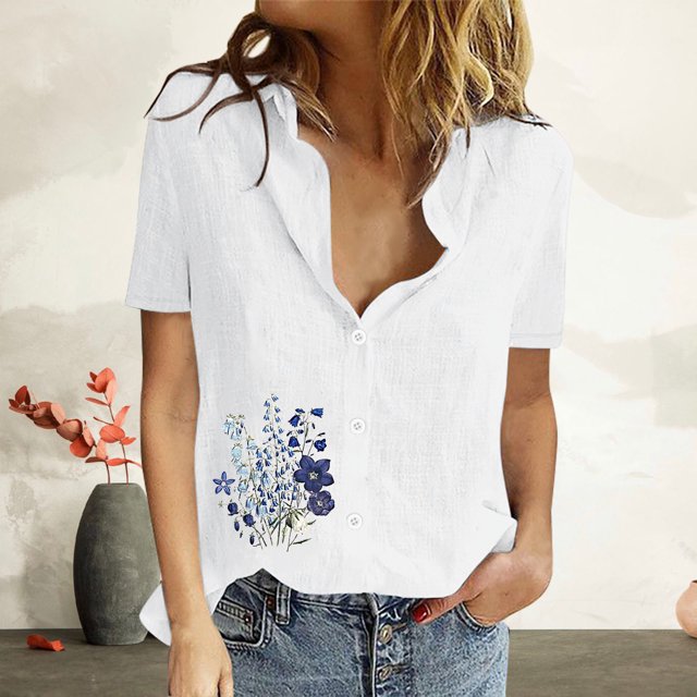 Mefallenssiah Femmes Imprimer Manches Courtes Bouton en Vrac Col Rabattu Chemise Blouse Solide tops