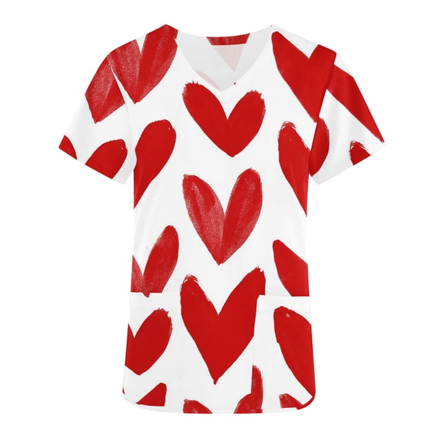 TIMIFIS Hauts de Sarrau pour Femmes Imprimés Sarrau Saint-Valentin Uniforme de Travail Manches Courtes Col en V Blouse T-shirt de Travail avec Poches - Imprimé Rouge