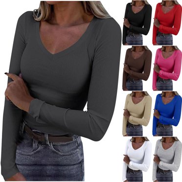 Womens Long Sleeve Shirts Fitted Tops V-Neck Slim T Shirts Going Out Tops Basic Tees White