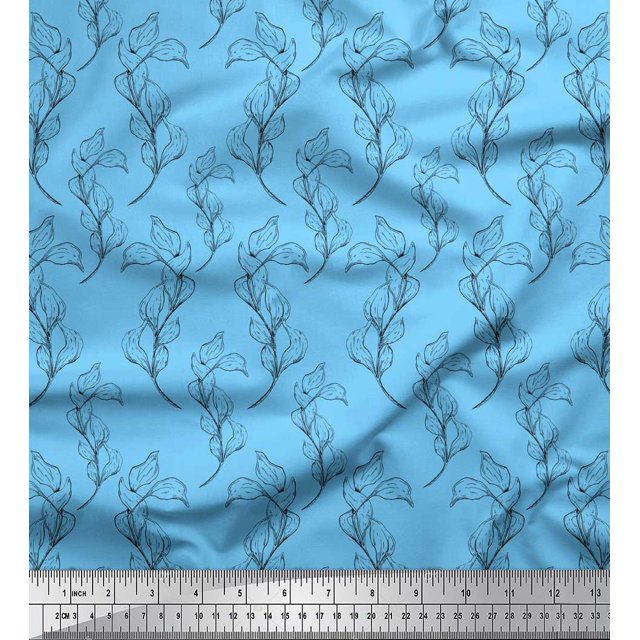 Soimoi Blue Velvet Fabric Pear Leaves Printed Fabric 1 Yard 60 Inch Wide