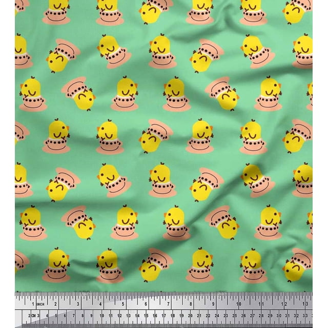 Soimoi Rayon Fabric Cup,Plate & Chick Cartoon Printed Fabric 1 Yard 56 Inch Wide