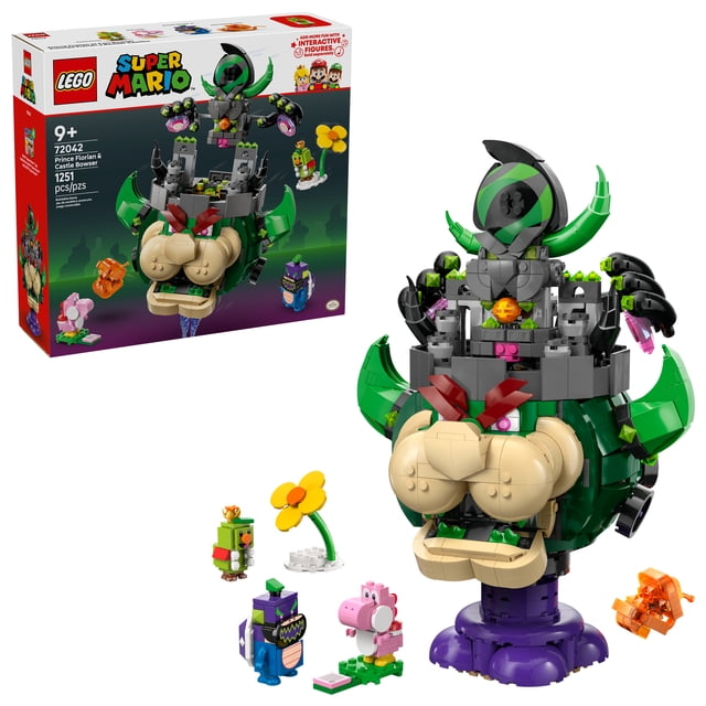 LEGO Super Mario Prince Florian & Château Bowser Ensemble de Construction Mettant en Vedette une Grande Tête de Bowser Verte et Grise avec des Sourcils Rouges et une base Violette, Incluant Quatre Figurines : Yoshi Rose, Prince Florian, Wonder Bowser Jr., et Firey Note Piranha, plus un Accessoire Fleur Jaune, Conçu pour les Enfants de 9 Ans et plus avec 1 251 Pcs.