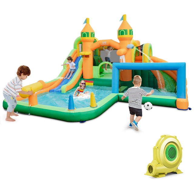 Gymax Kids Inflatable Water Slide Park w/735W Blower Basketball Rim Wet Dry Combo