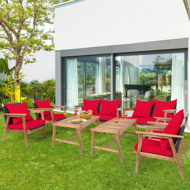 Gymax Ensemble de Conversation pour Patio 8 Pcs, Ensemble de Meubles à Cadre en Bois avec Coussins Rouges