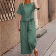 thumbnail image 2 of Womens Pants Suit Round Neck Short Sleeve Solid Color Tops Wide Leg Pants Ladies Summer Casual Pants Set, 2 of 4