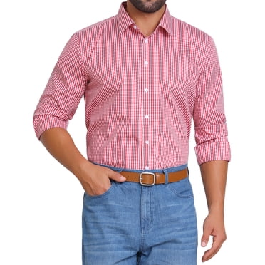 INSPIRE CHIC Men's Long Sleeve Business Plaid Pattern Dress Shirts S Red