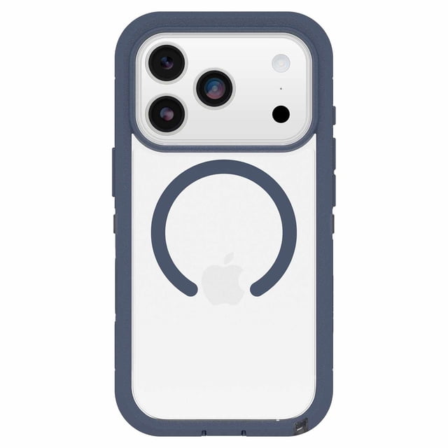 OtterBox Defender Pro XT Clear MagSafe Case w/Camera Control Bootcut in blue for iPhone 17 Pro, with a clear back and blue rubber edges, precise cutouts for triple cameras and flash, built-in MagSafe magnets, raised lips for screen and camera protection, and a dual-layer design offering military-grade drop defense.