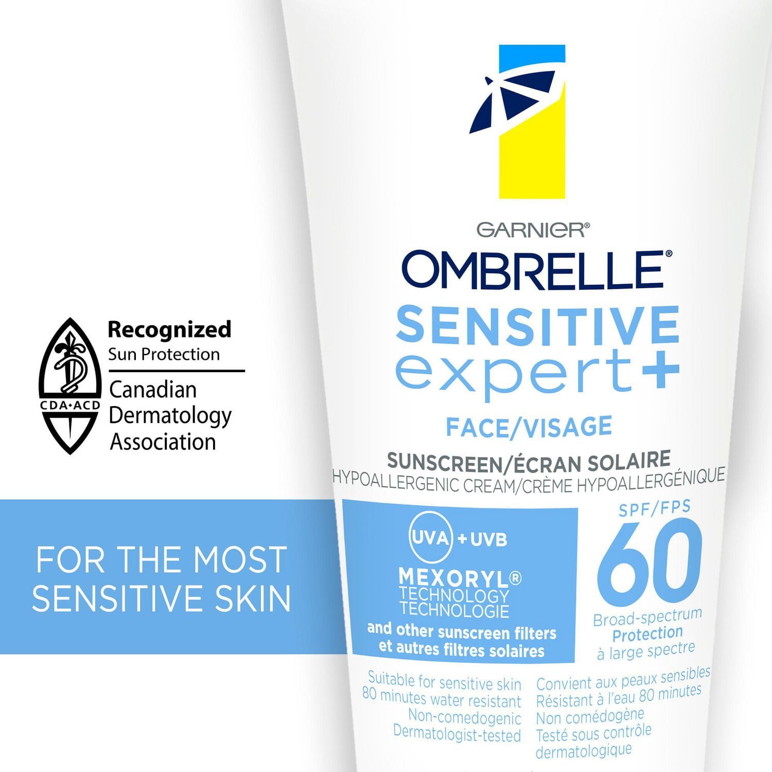 Garnier Ombrelle Sensitive Expert+ Écran solaire visage FPS 60, testé par des dermatologues, peaux sensibles, hypoallergénique, non gras, sans parfum, protection à large spectre UVA/UVB, 90ml