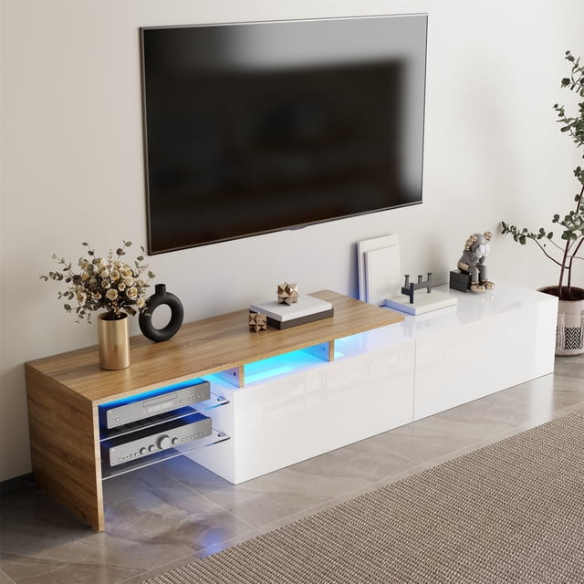 Modern TV cabinet practical storage space, wood look, glass shelves, LED lighting,high-gloss white