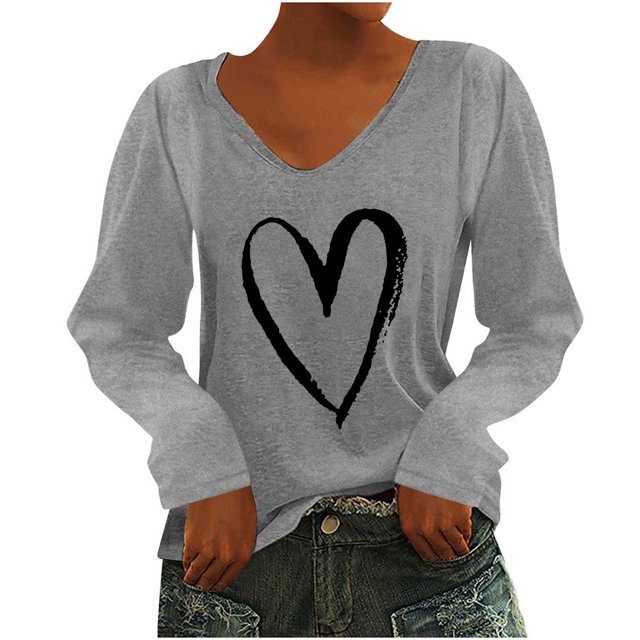 Pompotops T-Shirt à Manches Longues à Col en V Imprimé Décontracté pour Femmes, Chandail, Hauts, Liquidation