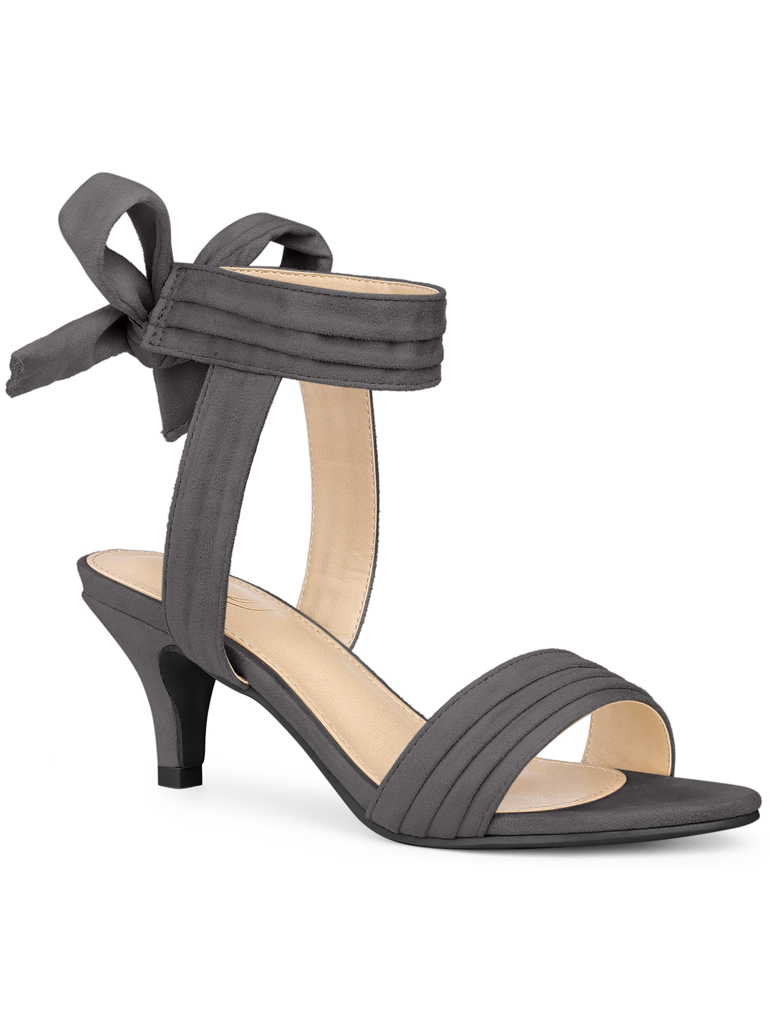 BLISSFUL STEP Women Open Toe Ankle Bow Tie Mid Heels Sandals Grey 7.5